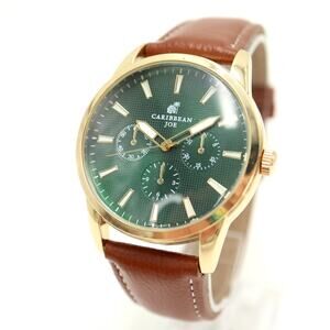 Caribbean Joe Green Gold Tone Mens Dress Watch 42mm Brown Pleather w New Battery
